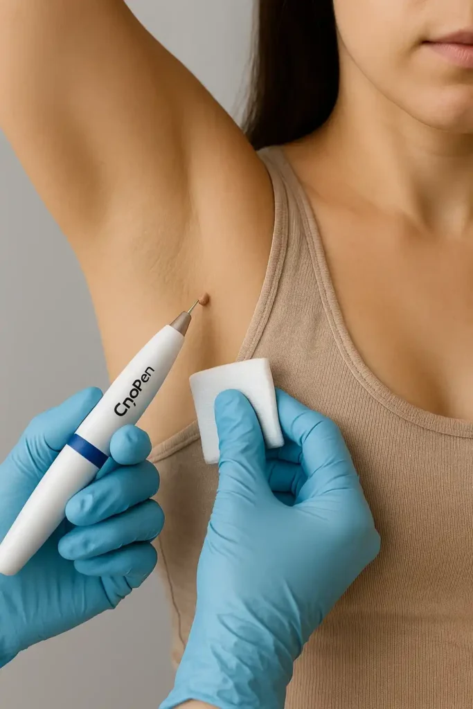 woman having cryopen to remove underarm skin tags Little Bognor