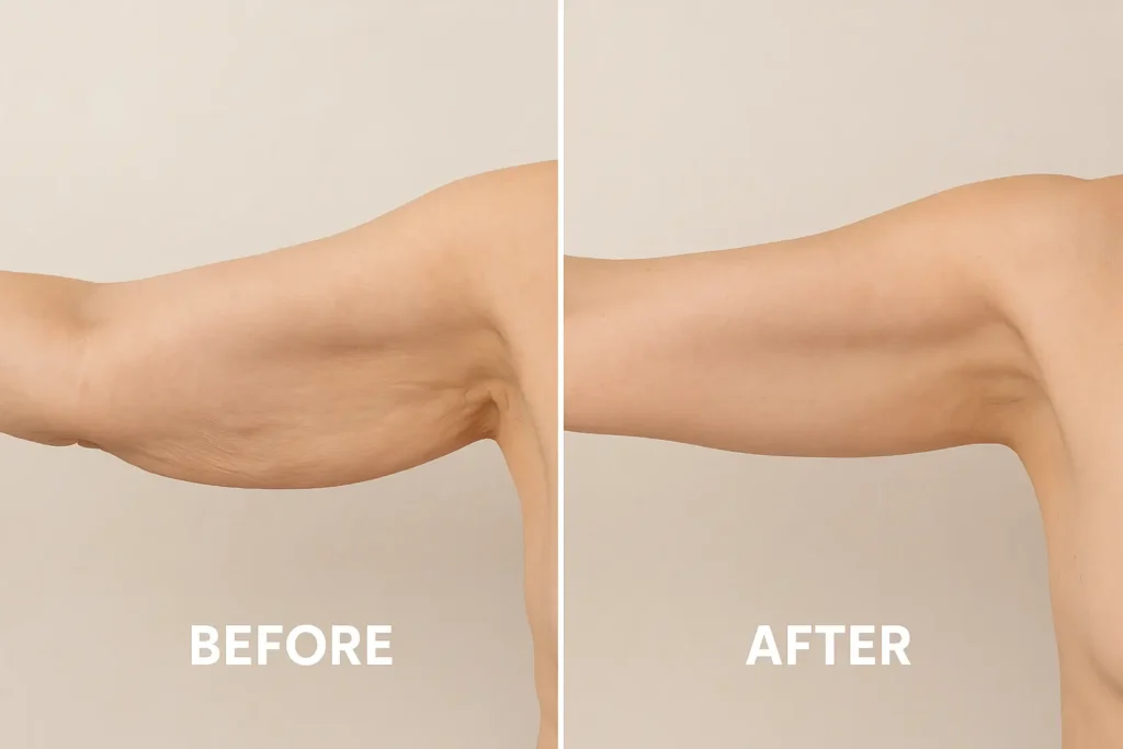 Picture of LA LIPO Little Bognor before and after results of skin tightening treatment on the upper arms.